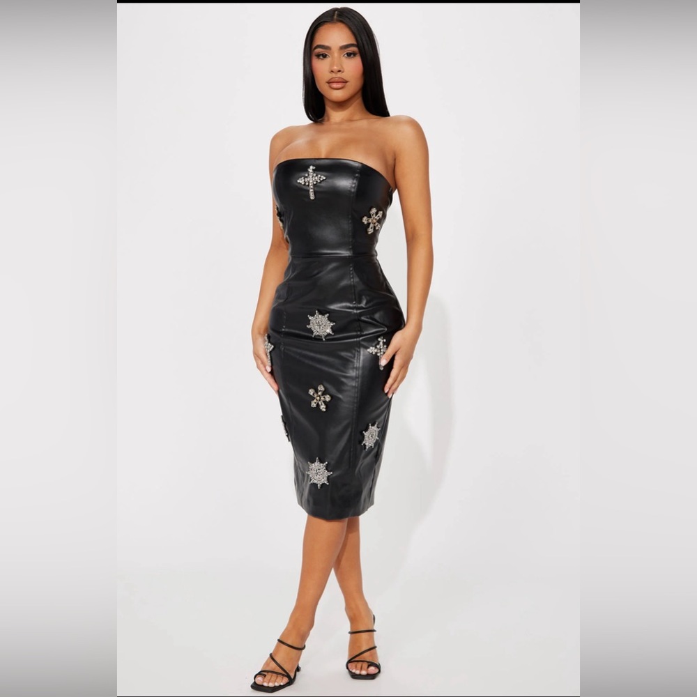 Rhinestone Embellished Faux Leather Midi Dress- Black